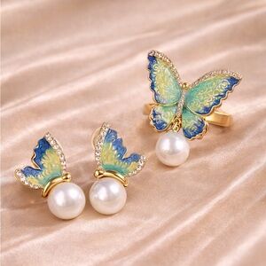 Art Nouveau Butterfly Pearl Jewelry Ring&Earrings Set